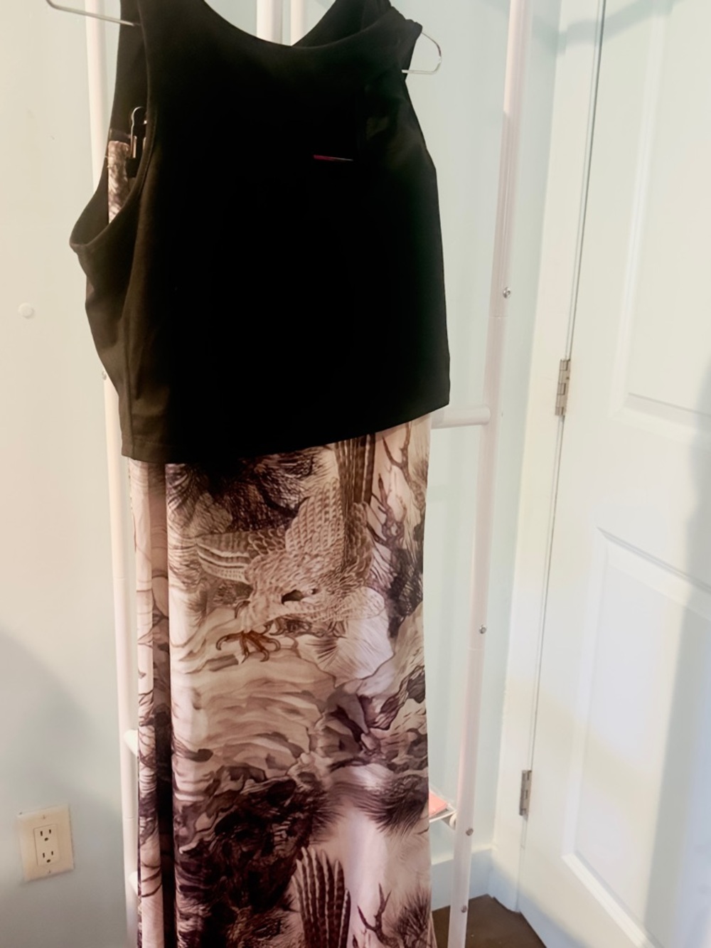 Black Top with Printed Maxi Skirt — Elegant Two-Piece Women's Set